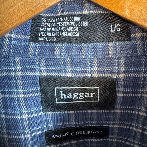 Haggar Men's L Mini-Plaid Long Sleeve Button Up Shirt‎ Wrinkle-Resistant Blue - Picture 3 of 12